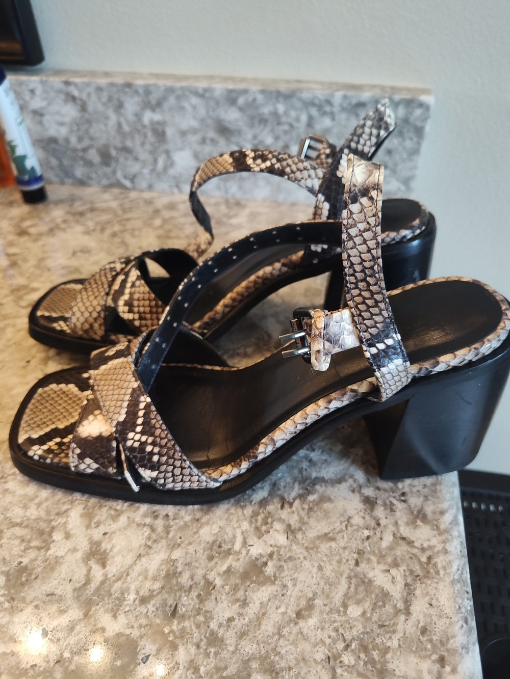 The Kooples Women's Snakeskin Block Heel Sandals - Black & Beige Size 39